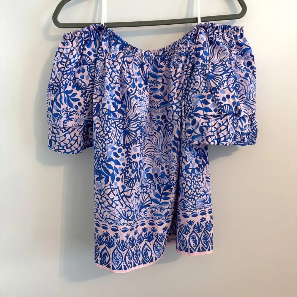 Lilly Pulitzer Off The Shoulder Top Sz XL Frankee Puff Sleeve Pink Blue Sea NWOT